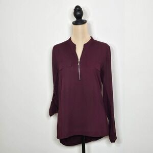 INC International Concepts Burgundy‎ Zip Front Roll Tab Sleeve Tunic Top Size M